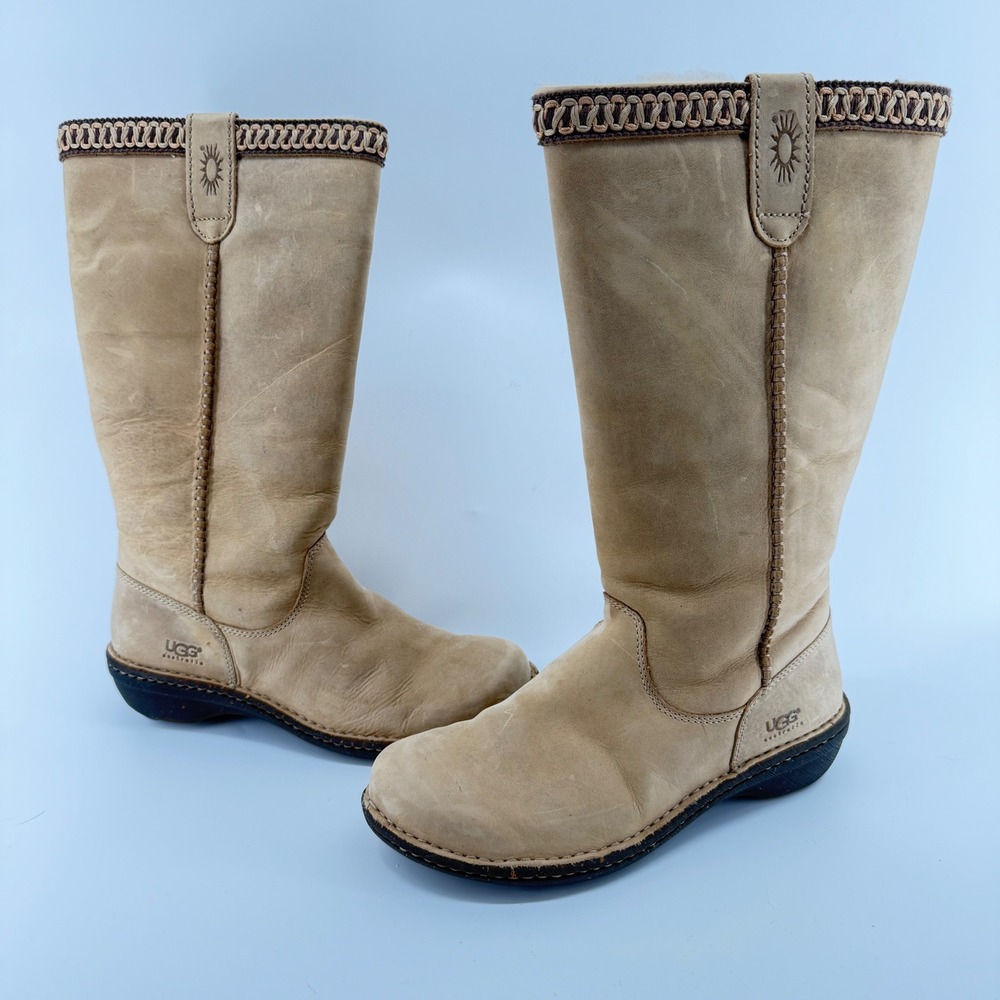 UGG Australia Swell Tall Leather Boots Sand Shearling Lined 5139 Womens 9 winter